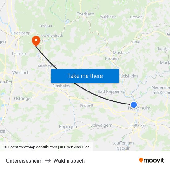 Untereisesheim to Waldhilsbach map