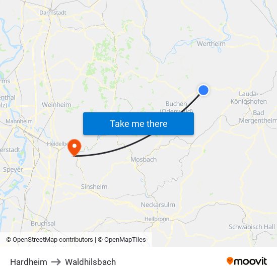 Hardheim to Waldhilsbach map