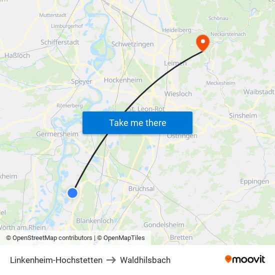 Linkenheim-Hochstetten to Waldhilsbach map