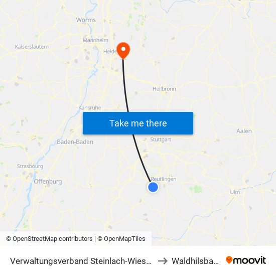 Verwaltungsverband Steinlach-Wiesaz to Waldhilsbach map