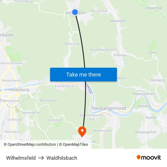 Wilhelmsfeld to Waldhilsbach map