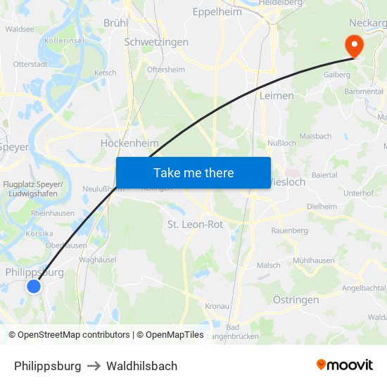 Philippsburg to Waldhilsbach map
