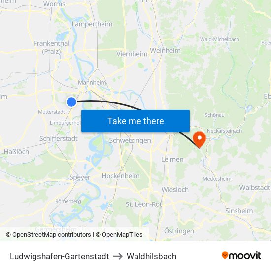 Ludwigshafen-Gartenstadt to Waldhilsbach map