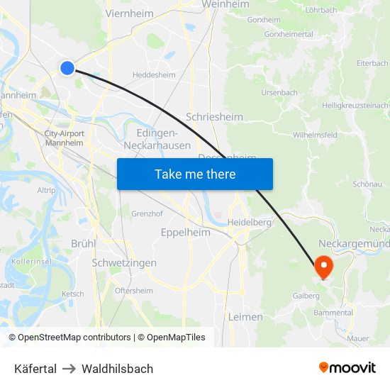 Käfertal to Waldhilsbach map