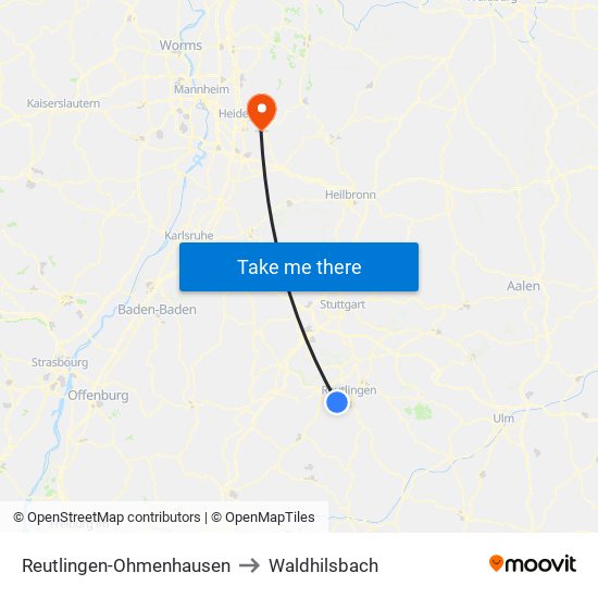 Reutlingen-Ohmenhausen to Waldhilsbach map