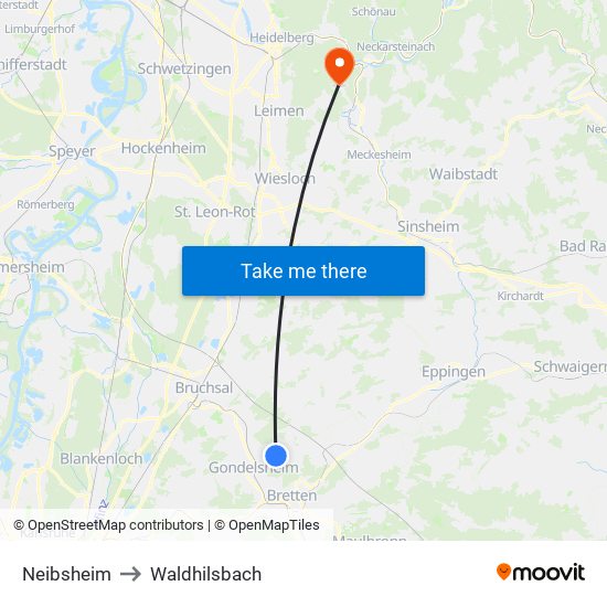 Neibsheim to Waldhilsbach map