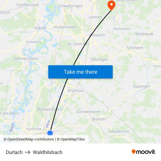 Durlach to Waldhilsbach map