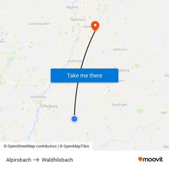 Alpirsbach to Waldhilsbach map