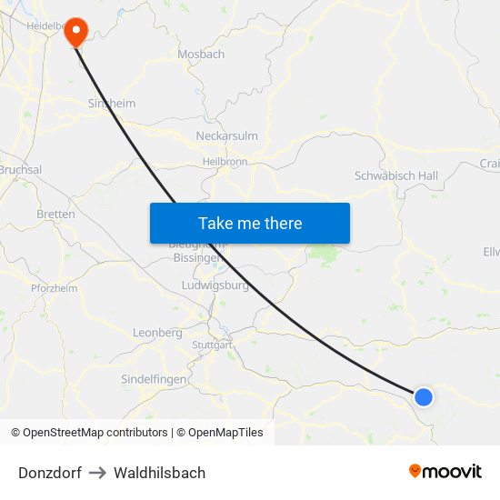 Donzdorf to Waldhilsbach map