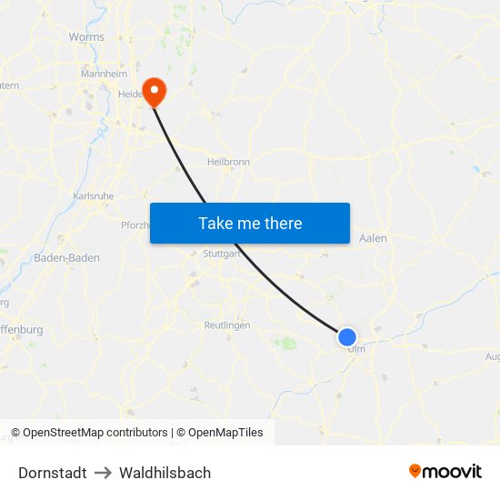 Dornstadt to Waldhilsbach map