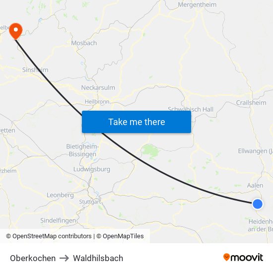 Oberkochen to Waldhilsbach map