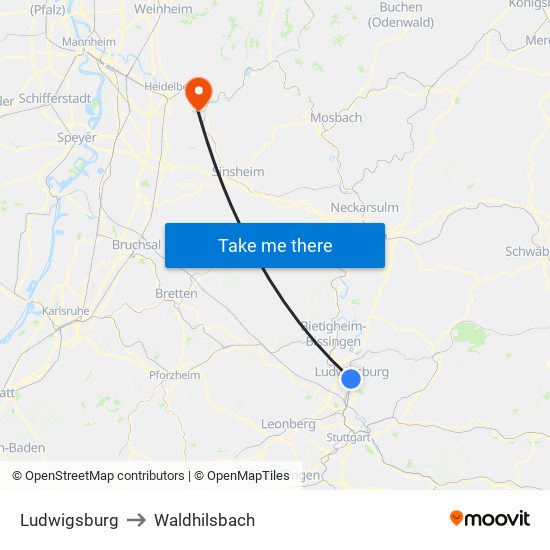 Ludwigsburg to Waldhilsbach map