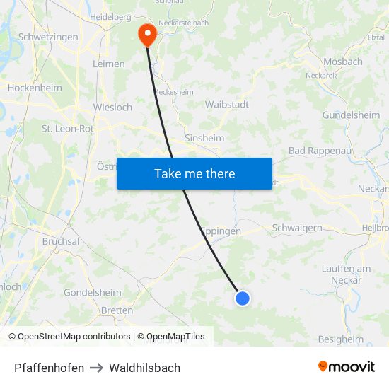 Pfaffenhofen to Waldhilsbach map