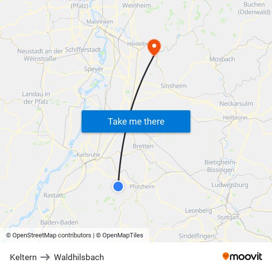 Keltern to Waldhilsbach map