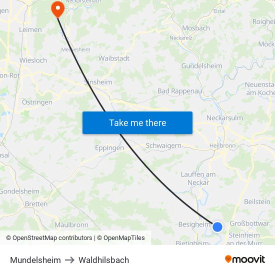 Mundelsheim to Waldhilsbach map