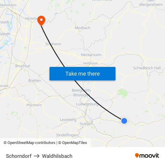 Schorndorf to Waldhilsbach map