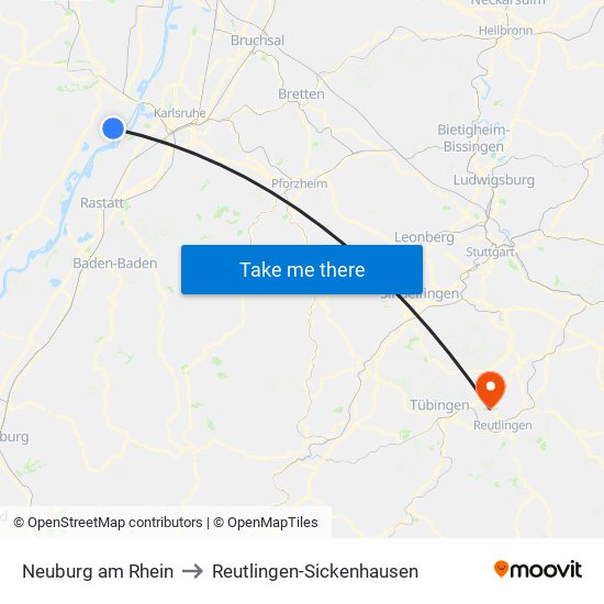 Neuburg am Rhein to Reutlingen-Sickenhausen map