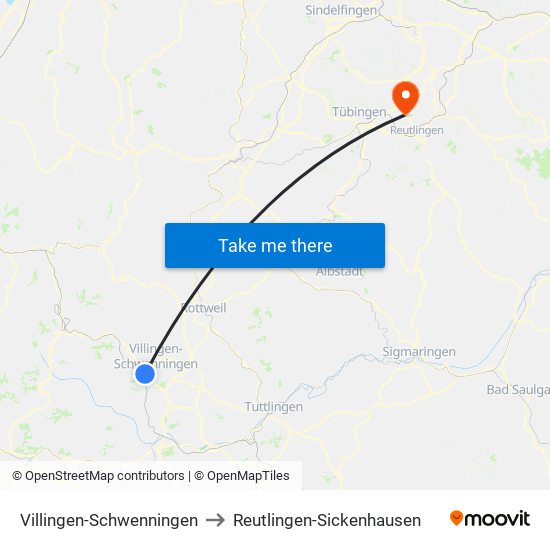 Villingen-Schwenningen to Reutlingen-Sickenhausen map