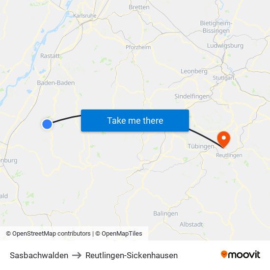 Sasbachwalden to Reutlingen-Sickenhausen map