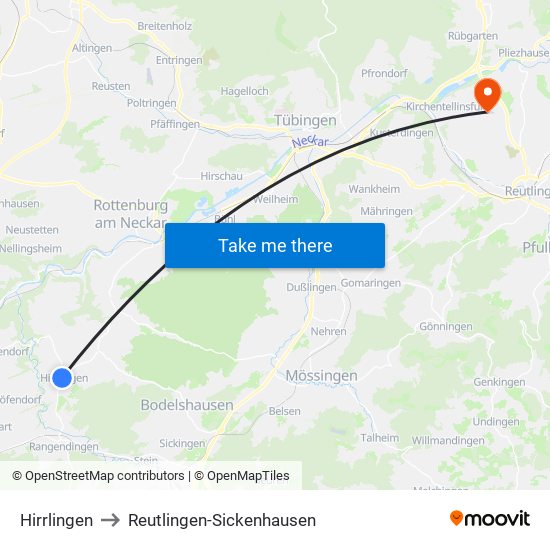 Hirrlingen to Reutlingen-Sickenhausen map