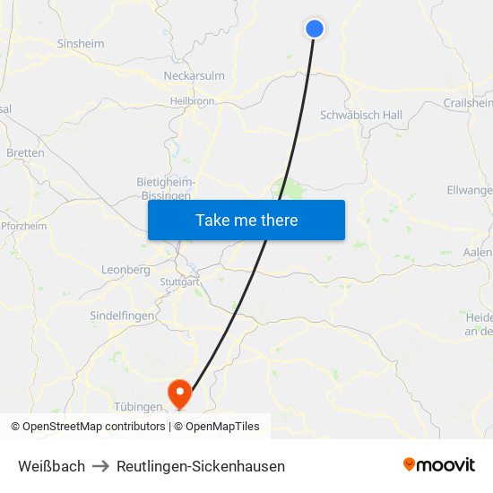 Weißbach to Reutlingen-Sickenhausen map