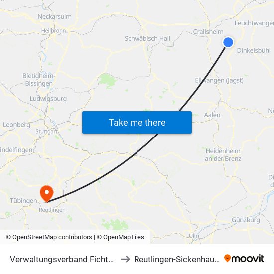 Verwaltungsverband Fichtenau to Reutlingen-Sickenhausen map