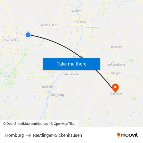 Homburg to Reutlingen-Sickenhausen map