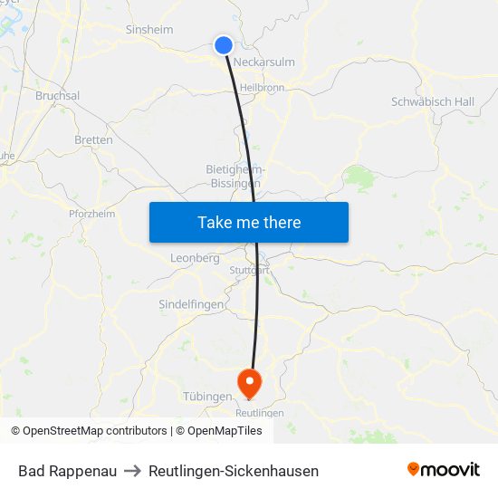 Bad Rappenau to Reutlingen-Sickenhausen map