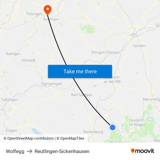 Wolfegg to Reutlingen-Sickenhausen map