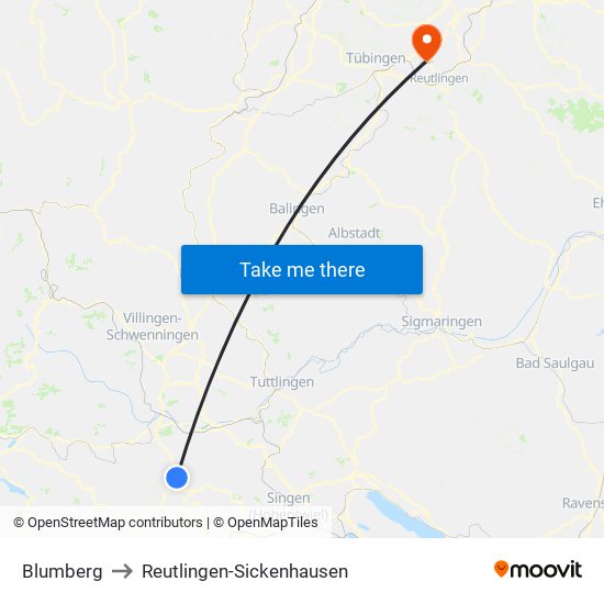 Blumberg to Reutlingen-Sickenhausen map