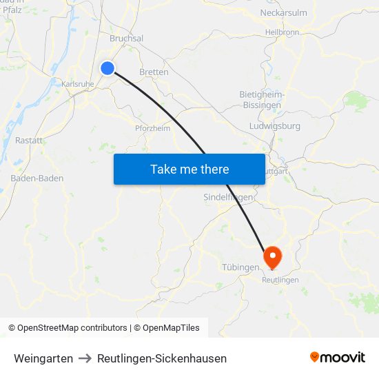 Weingarten to Reutlingen-Sickenhausen map