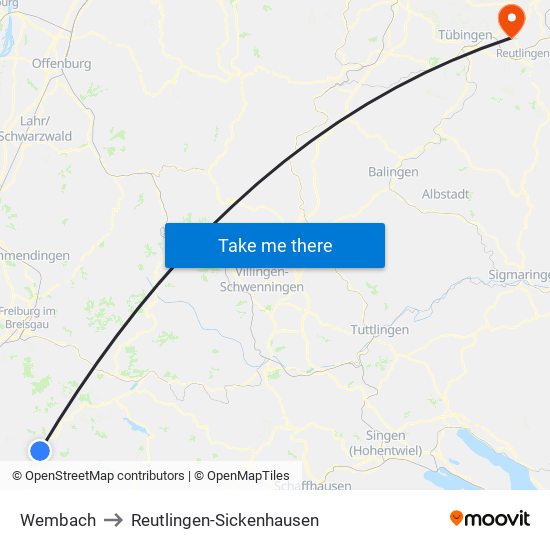 Wembach to Reutlingen-Sickenhausen map