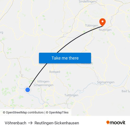 Vöhrenbach to Reutlingen-Sickenhausen map