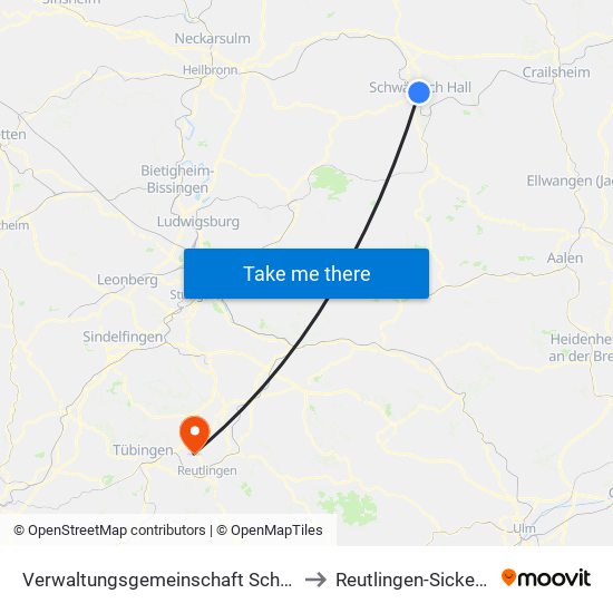 Verwaltungsgemeinschaft Schwäbisch Hall to Reutlingen-Sickenhausen map