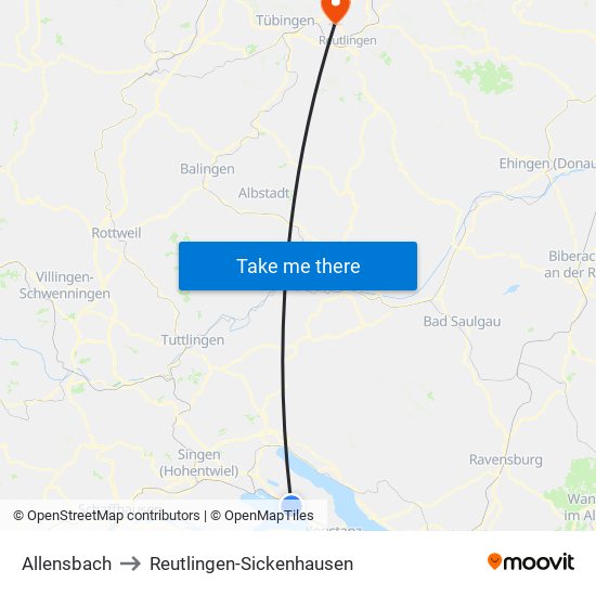 Allensbach to Reutlingen-Sickenhausen map