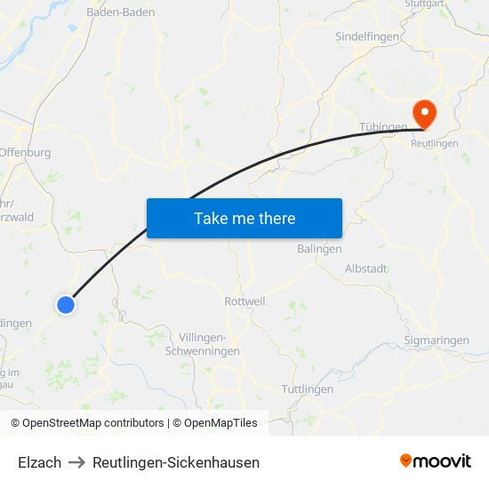 Elzach to Reutlingen-Sickenhausen map