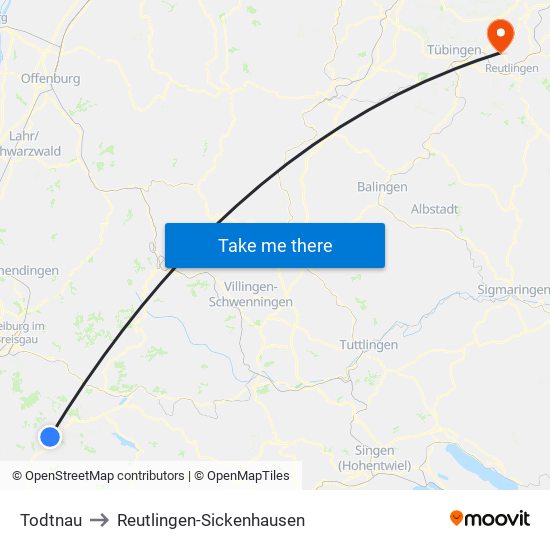 Todtnau to Reutlingen-Sickenhausen map