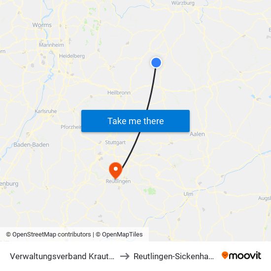 Verwaltungsverband Krautheim to Reutlingen-Sickenhausen map