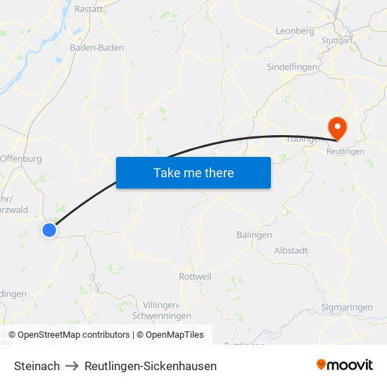 Steinach to Reutlingen-Sickenhausen map