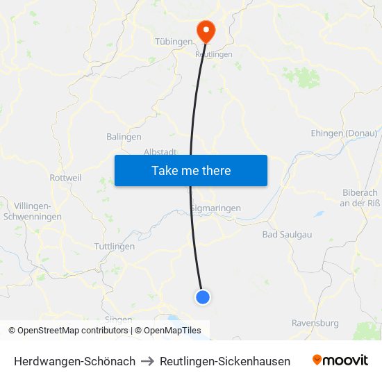 Herdwangen-Schönach to Reutlingen-Sickenhausen map