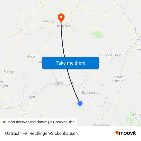 Ostrach to Reutlingen-Sickenhausen map