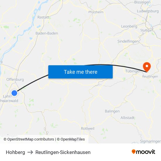 Hohberg to Reutlingen-Sickenhausen map