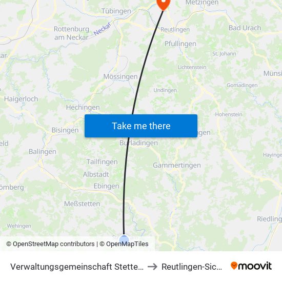 Verwaltungsgemeinschaft Stetten am Kalten Markt to Reutlingen-Sickenhausen map