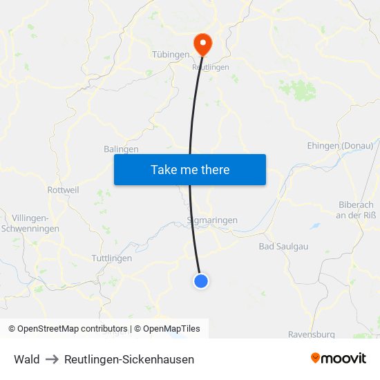 Wald to Reutlingen-Sickenhausen map