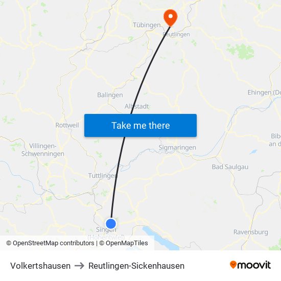 Volkertshausen to Reutlingen-Sickenhausen map