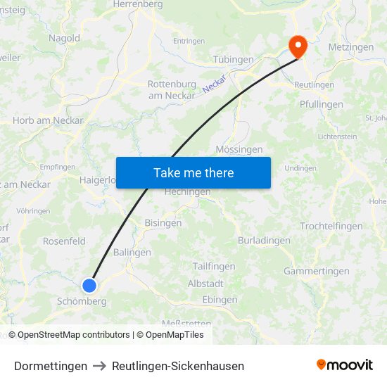 Dormettingen to Reutlingen-Sickenhausen map