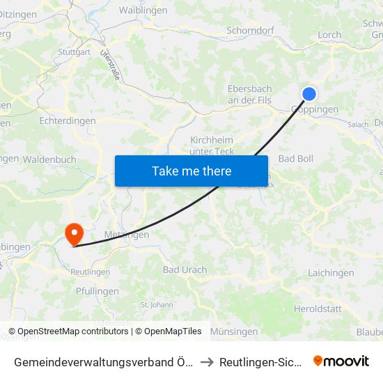 Gemeindeverwaltungsverband Östlicher Schurwald to Reutlingen-Sickenhausen map