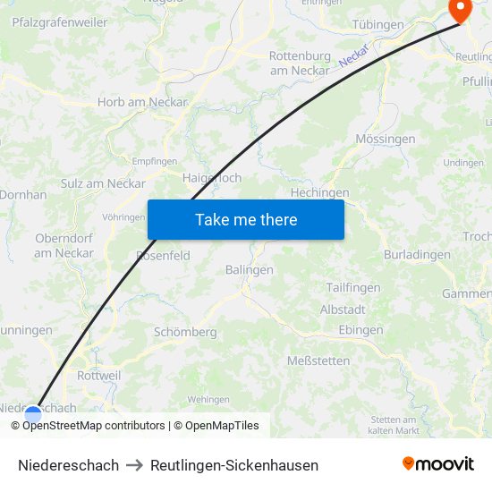 Niedereschach to Reutlingen-Sickenhausen map