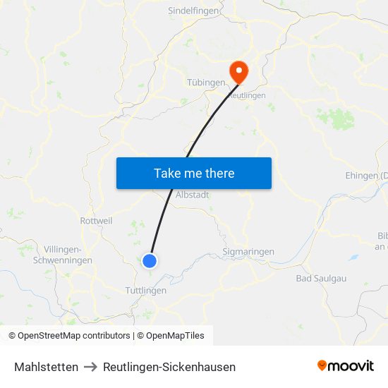 Mahlstetten to Reutlingen-Sickenhausen map