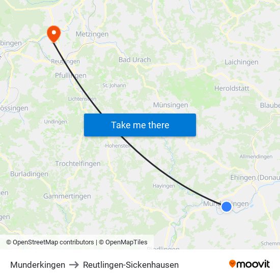 Munderkingen to Reutlingen-Sickenhausen map